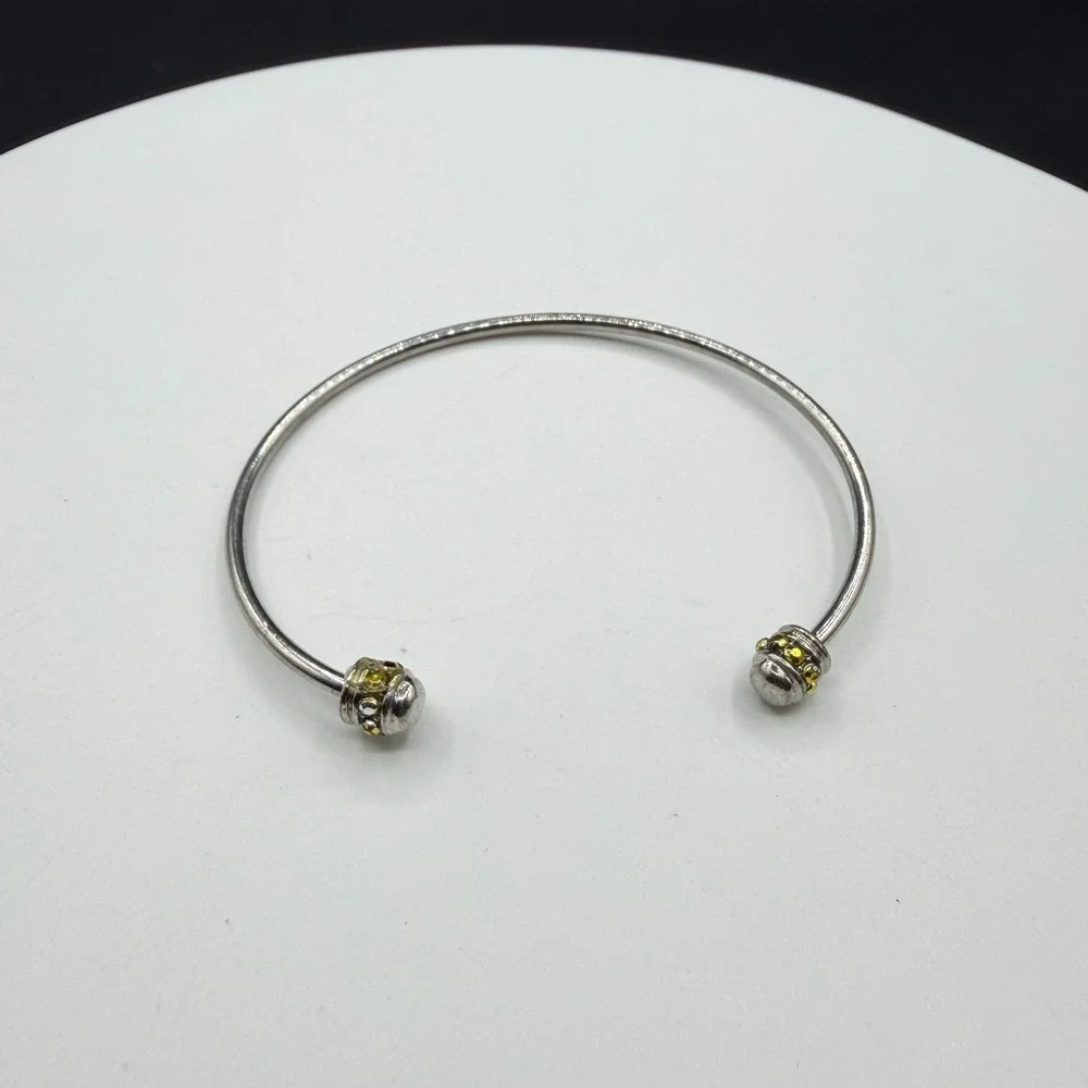 Silver Tone Open Cuff Bracelet Yellow Crystal Beaded End Caps Minimalist Jewelry